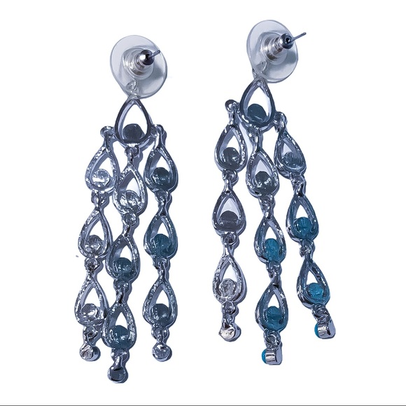 Silvertone Turquoise Long Dangle Earrings - Picture 3 of 6
